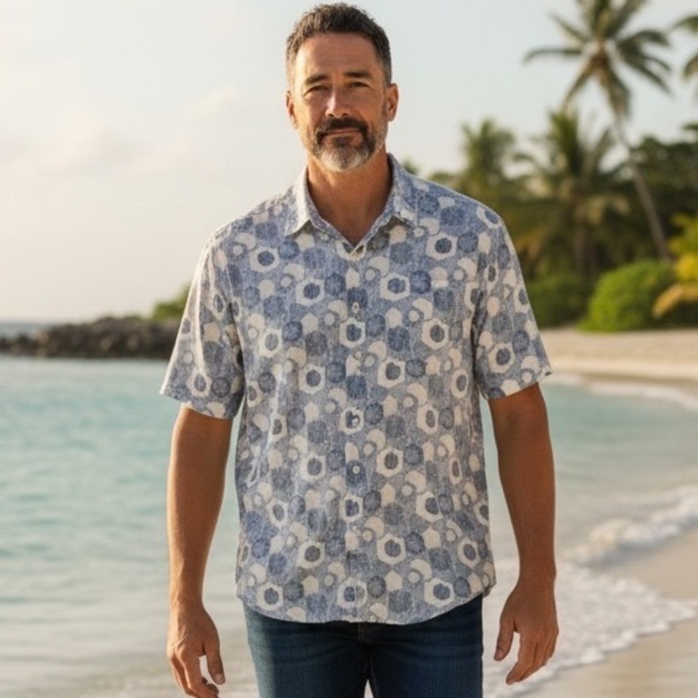 Tommy Bahama Mens 3XL Silk Short Sleeve Button Down Shirt Blue Hexagon Print